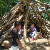 Children playing in a stick fort